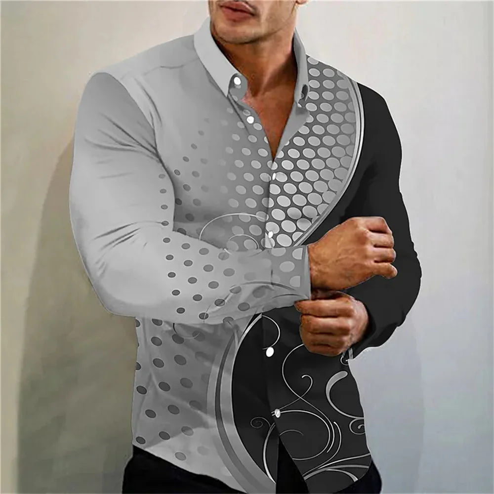 Men's High Quality Luxury Prom Fashion Social Flower Print Polo Single breasted Costume Designer Long Sleeve Men's Shirt