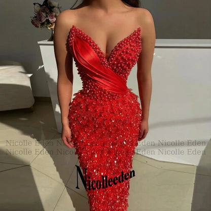 Nicolle Luxury V Neck Prom Dresses for Women Pearls Crystals Sequined Pleats Sheath Party Vestidos De Festa Customized