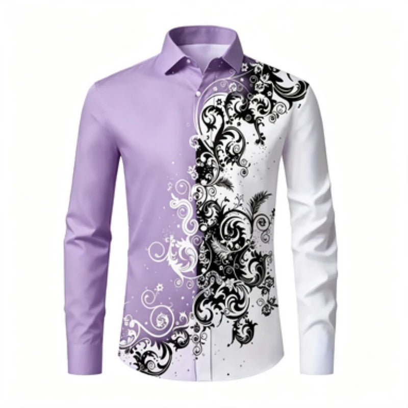 Men's long sleeved shirt, European and American men's printed long sleeved shirt, collared European patterned shirt, trendy casu