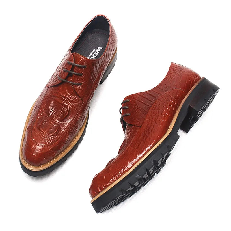 Crocodile Pattern Mens Casual Dress Shoe Luxury Geniune Leather Men's oxford Shoe Black Burgundy Lace Up Formal Wedding Shoe Men