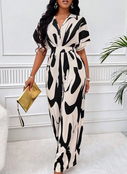 Women Wide Leg Jumpsuit Spring Summer Fashion V Neck Short Sleeve High Waist Full Body Printed Jumpsuits Casual One Pieces