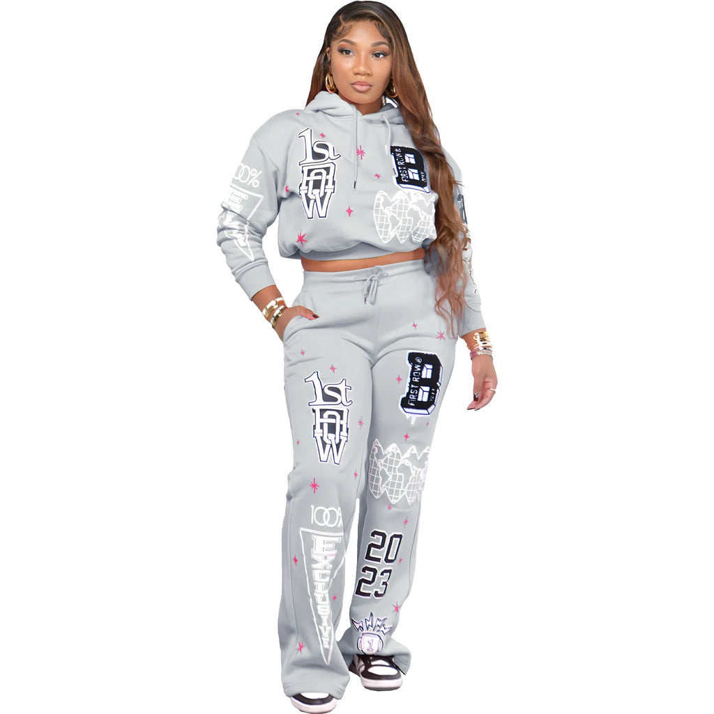 2023 autumn and winter new fashion casual printed drawstring pocket sweatshirt thickened two-piece women's suit