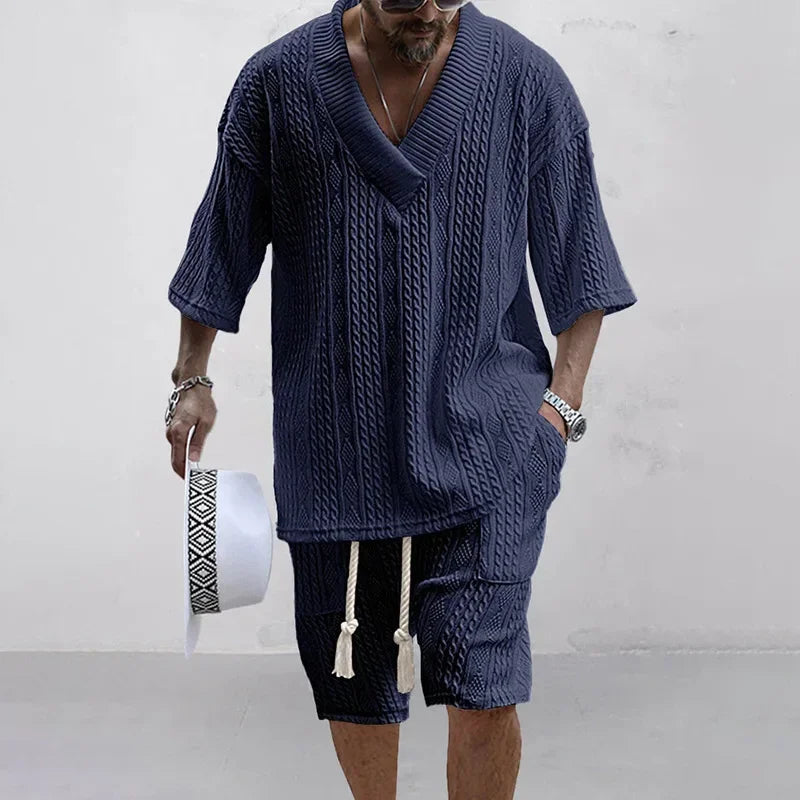 Summer Casual Shorts Set Knitted Two Piece Men's Clothing V-Neck Short Sleeve T-shirt and Shorts Streetwear Knit Outfits