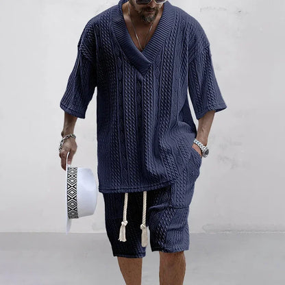 Summer Casual Shorts Set Knitted Two Piece Men's Clothing V-Neck Short Sleeve T-shirt and Shorts Streetwear Knit Outfits