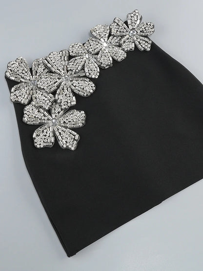 Sexy Long Sleeves Bandage 2-Piece Sets Women Turtleneck Shiny Diamonds Flower Top + Bodycon Mini  Skirts Suits Evening Party Set