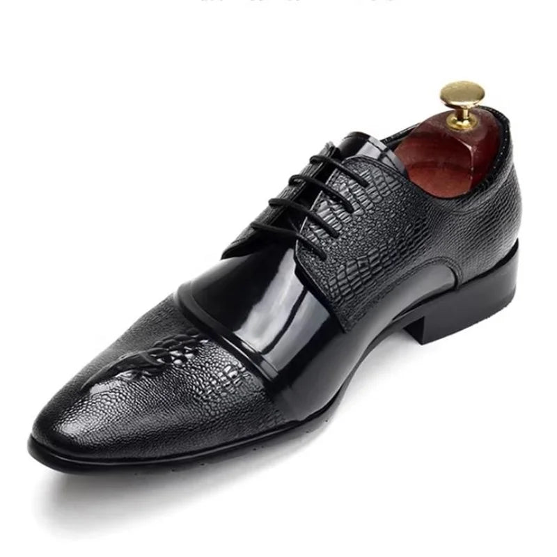 Elegante Herren-Lederschuhe, spitze Zehenpartie, Schnürung, Krokodilmusterprägung, Echtleder, formelle Schuhe, Hochzeitsschuhe, Gesellschaftsschuhe
