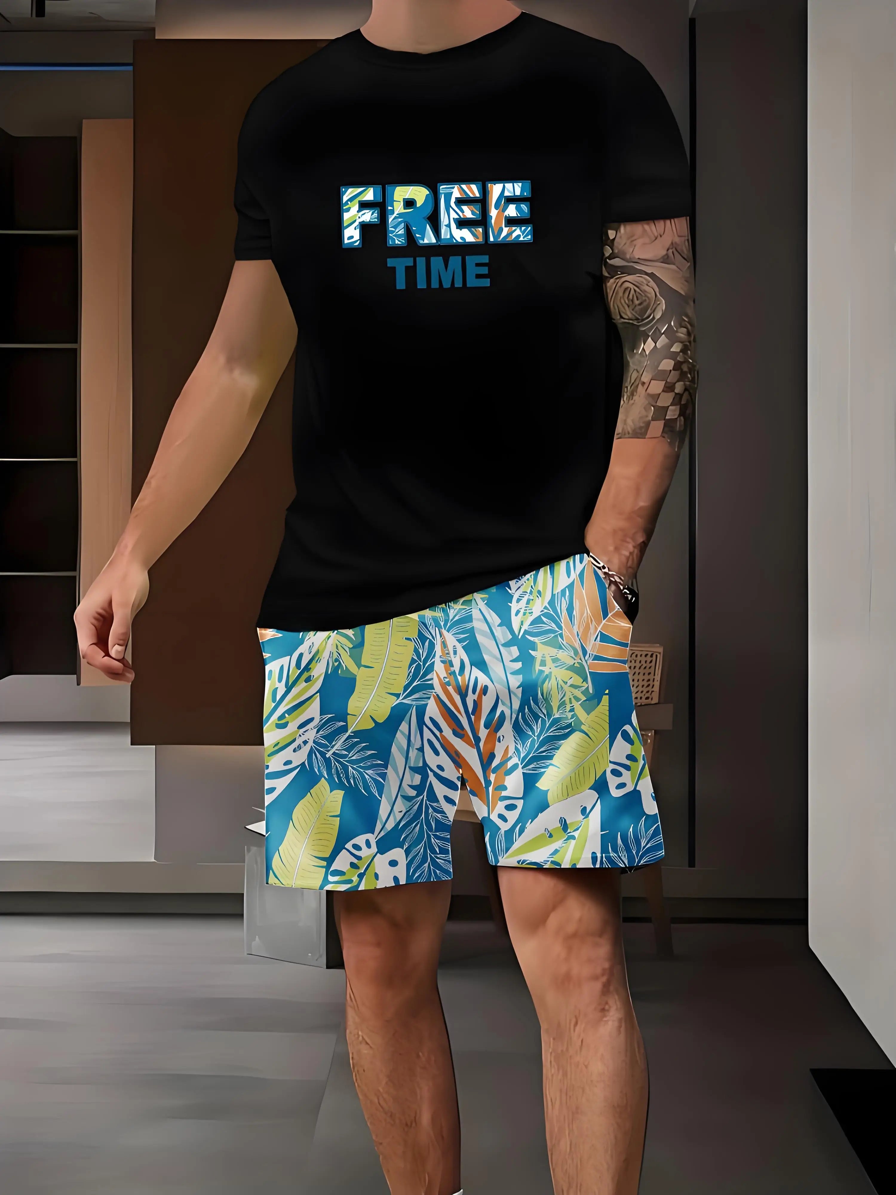 New Plus Size Men's T-shirt And Shorts Set Summer Casual Daily Men's Short Sleeve Top Urban Street Men's Fashion T Shirt Shorts