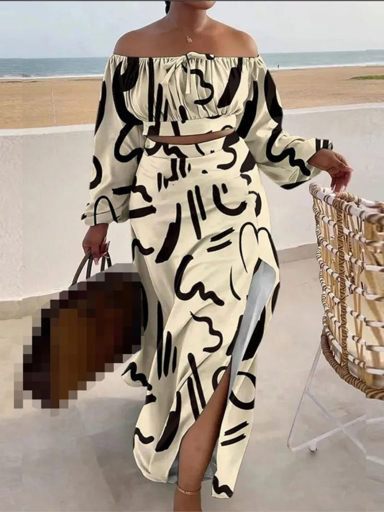 Casual Off Shoulder Suit Sexy Split Printing Loose Long Skirt Two Piece Set For Women Vacation Summer Outfits Vestido Feminino