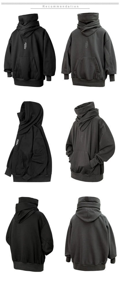 Embroidery Turtleneck Sweatshirt For Men Japanese Ninja Hoodies Autumn Hip Hop Fleece Pocket Streetwear Oversized Y2K Hoody