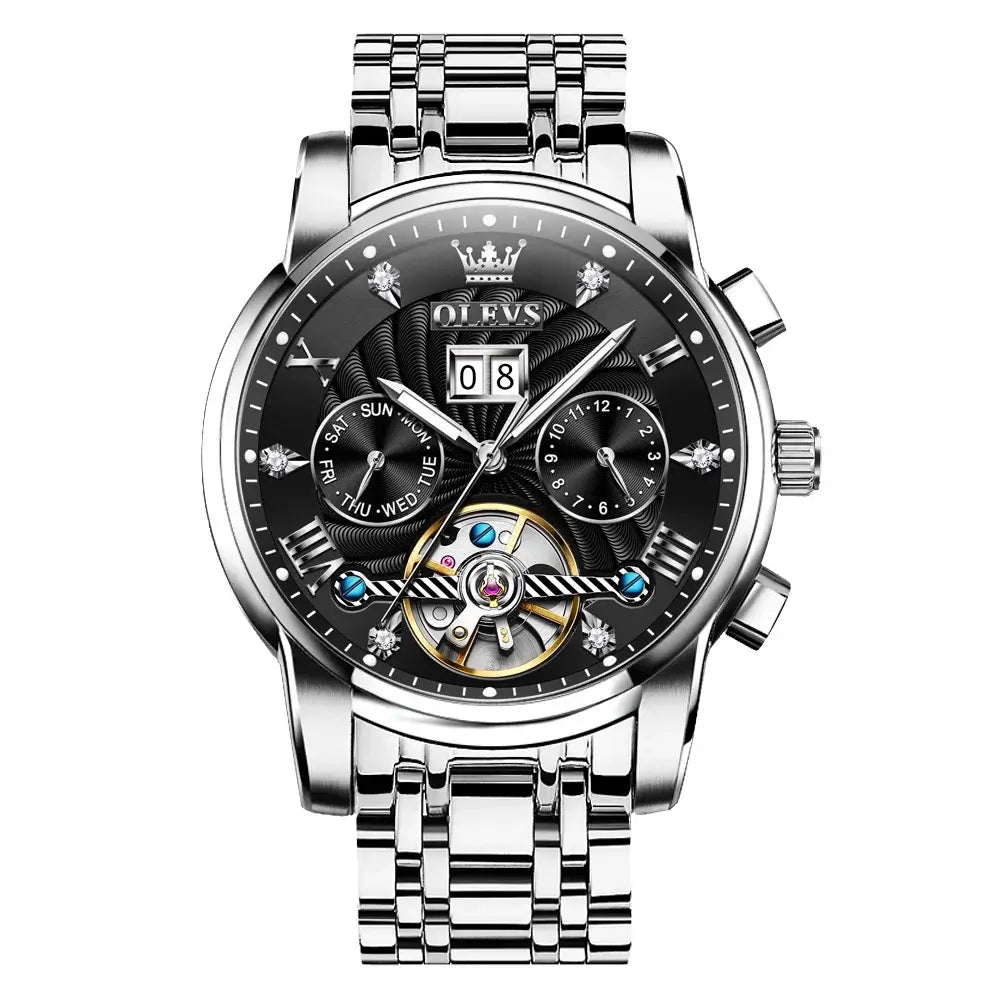 OLEVS Classic Men's Watches Tourbillon Multi-function Full Automatic Men Watch High end Male Wristwatches Mechanical Watch 9910 in black.