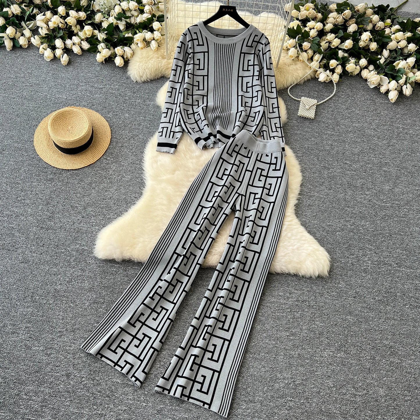 SINGREINY Geometric Maze Print Two Pieces Suits Autumn Winter O Neck Sweater+Long Pants Women Casual Fashion Knitting 2pcs Sets