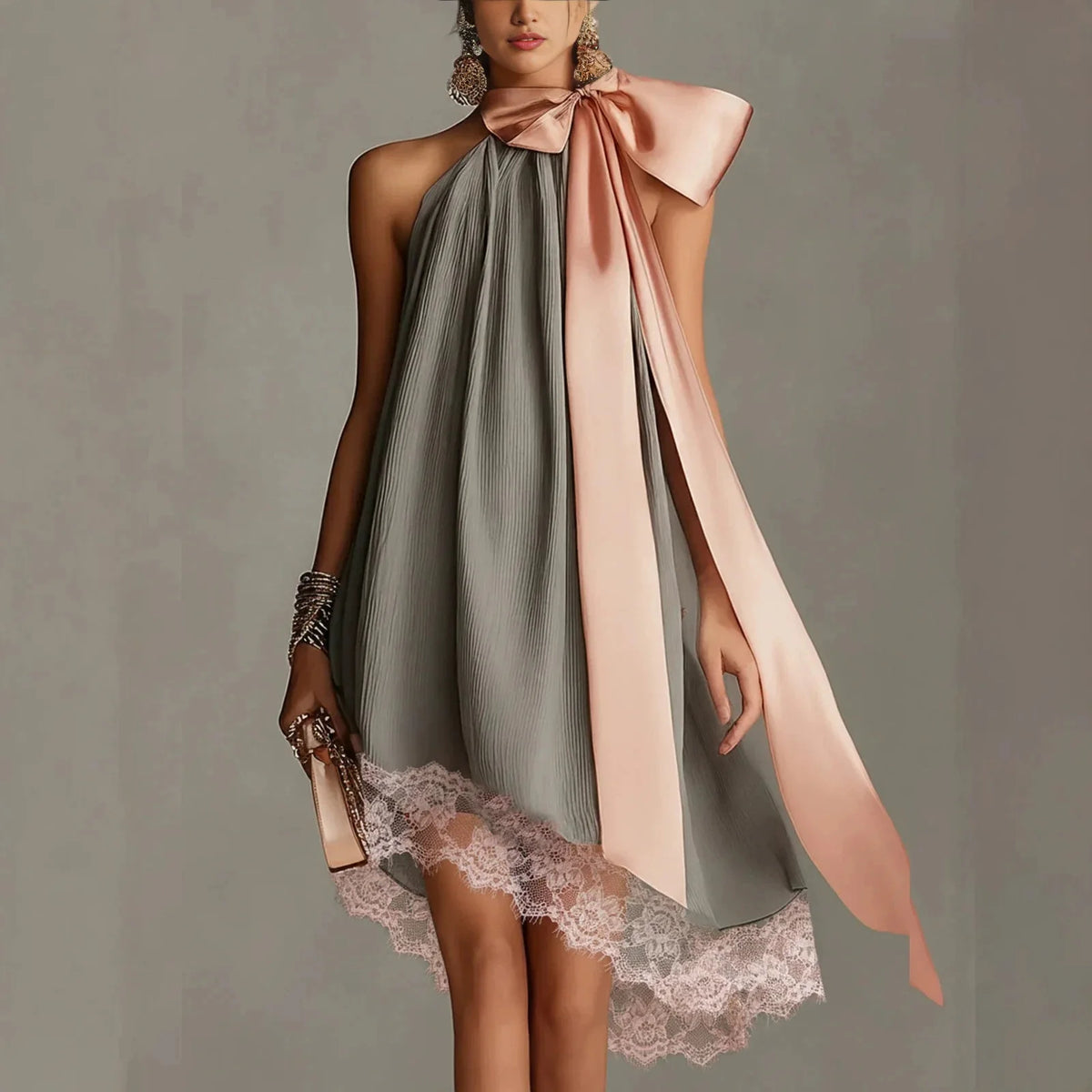 Pleated Halter Mini Dress for Women Pink Satin Big Bow Neck Tie Sleeveless Loose Flowy Elegant Cocktail Wedding Guest Dress