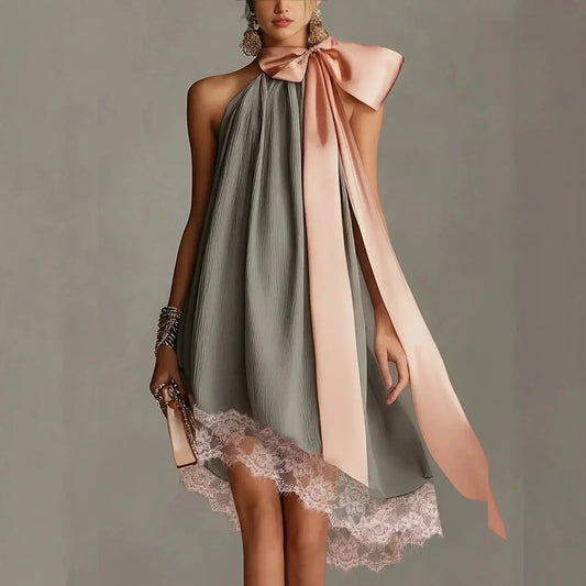 Plissiertes Neckholder-Minikleid für Damen, pinkfarben, Satin, große Schleife am Hals, ärmellos, locker fallend, elegant, Cocktailkleid, Hochzeitsgastkleid