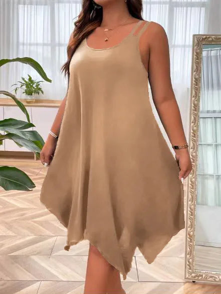 Plus Size Womens Solid Strappy Asymmetrical Hem T Shirt Midi Dress Ladies Sleeveless Casual Loose Summer Holiday Sundress XL-5XL