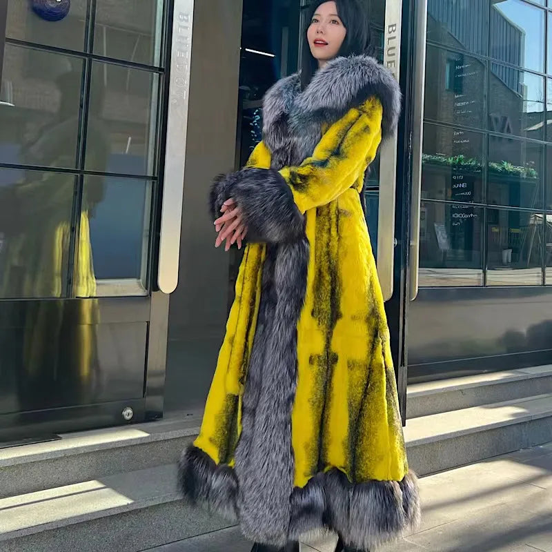 2022Women Real Rex Rabbit Fur Coats With Fox Lapel Collar Natural Whole Skin Genuine Rex Rabbit Fur Long Jackets Overcoat Luxury