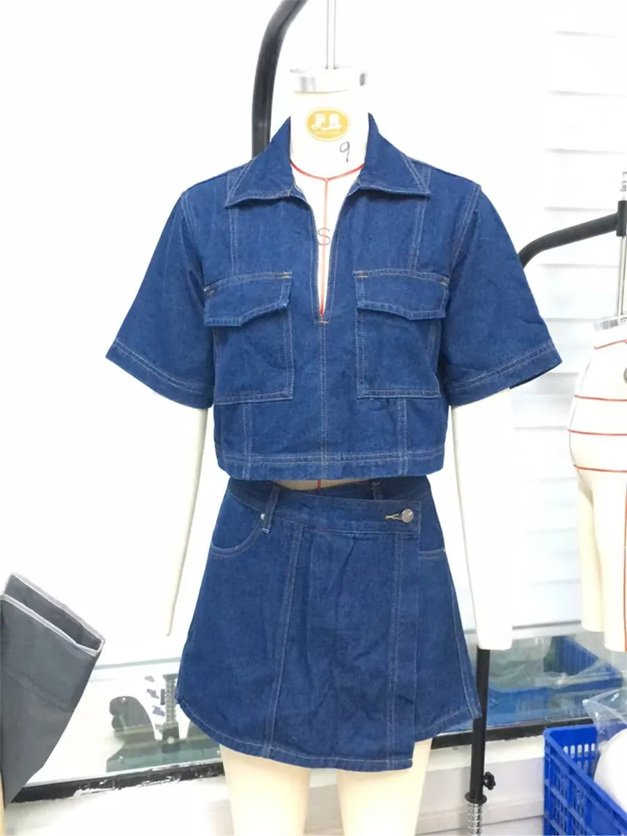 Women’s 2 Piece Denim Outfits Summer Short Sleeve Lapel Jean Pullover Tops and Asymmetrical Shorts Set for Streetwear Grunge Y2K