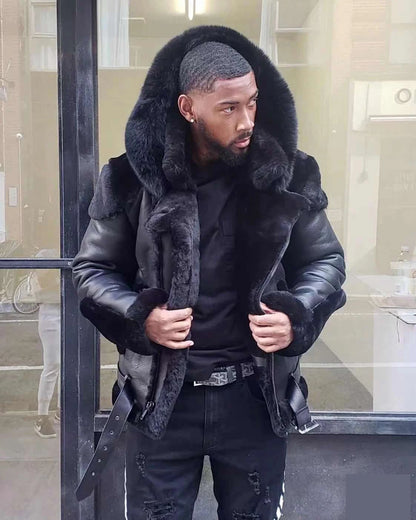 New Men's Leather Coat Winter Large Size Jacket with Fur Collar and Long Sleeve Wool Lining Casual Men's Jacket