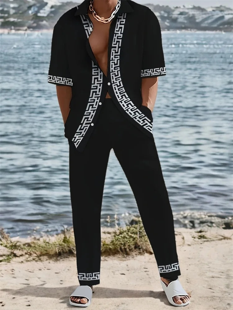 2025 Autumn Geometric Color Block Printed Short-sleeved Set, 2pcs Daily Casual And Loose Men's Shirt Set, Casual And Fashionable