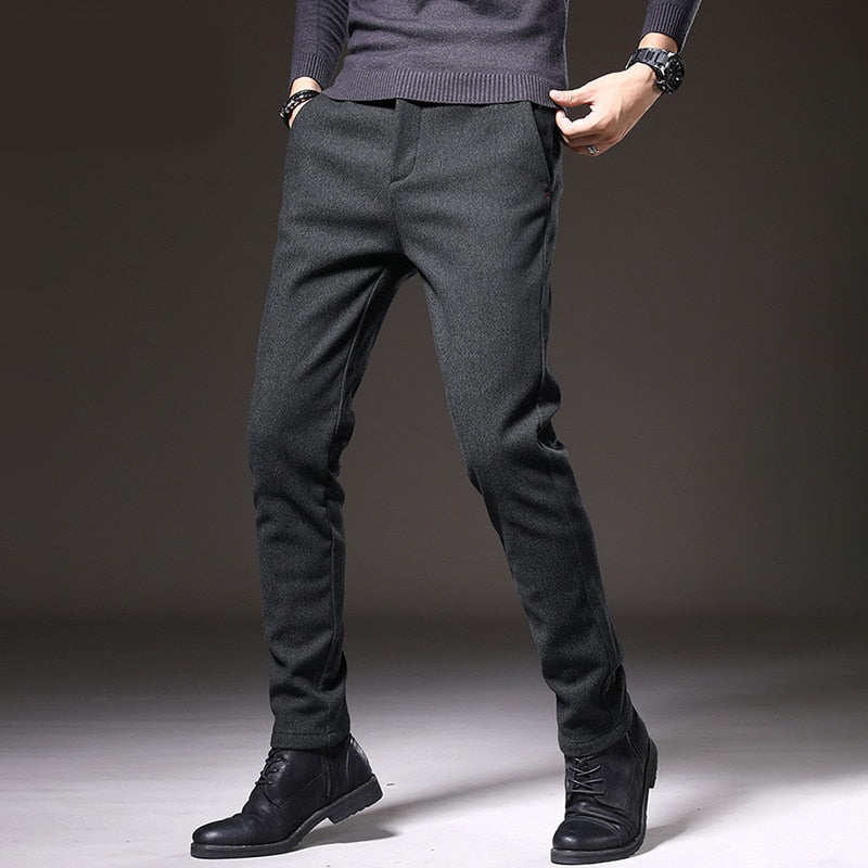 2022 Winter New Men&#39;s Thermal Business Casual Pants Trendy Slim Fit Stretch Thicken Fleece Liner Elegant Cotton Trousers