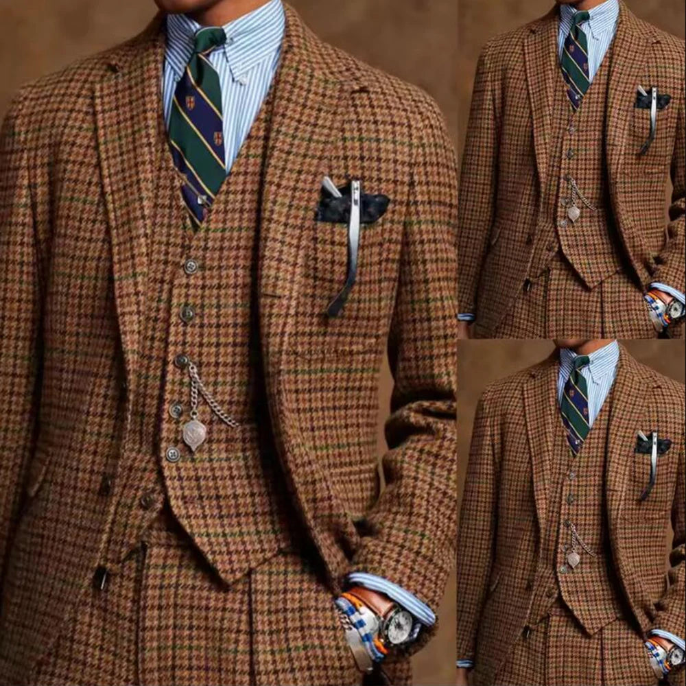 Classic Tweed Plaid Houndstooth Suit Men 3 Piece Single Breasted Business Blazer Outfit Customized Groom Banquet Wedding Tuxedos