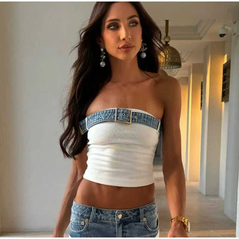 Sexy Denim Knitted Spliced Vest Pants Sets Women Slim Belt Sleeveless Tube Tops Low Waist Straight Pant 2025 Summer Street Suits
