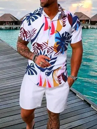 Comfortable Coconut trees leaves color blocking 3D Print shirt +Shorts Two Piece Set Short Sleeve Flip collar shirts half pants