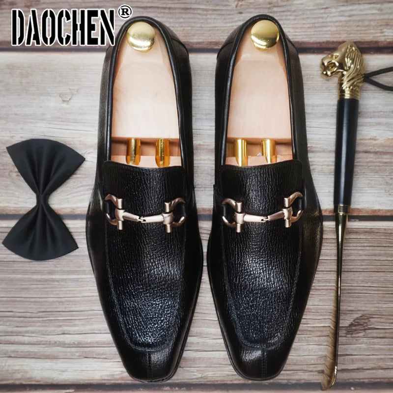 Luxury Men Leather Shoes Black White Horsebit Loafers Slip on Formal Men Dress Shoes Wedding Office Casual Shoes For Men