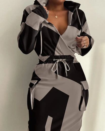 Womens Dresses  Spring Fashion Camouflage Print Waist Drawstring Pocket Design Long Sleeved Casual Daily Midi Dress