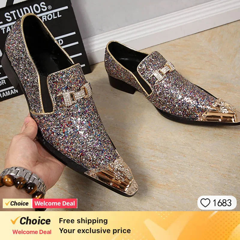 luxury brand Men shoes glitter gold  italian wedding dress shoes men leather pointed toe formal shoes  plus size men shoes