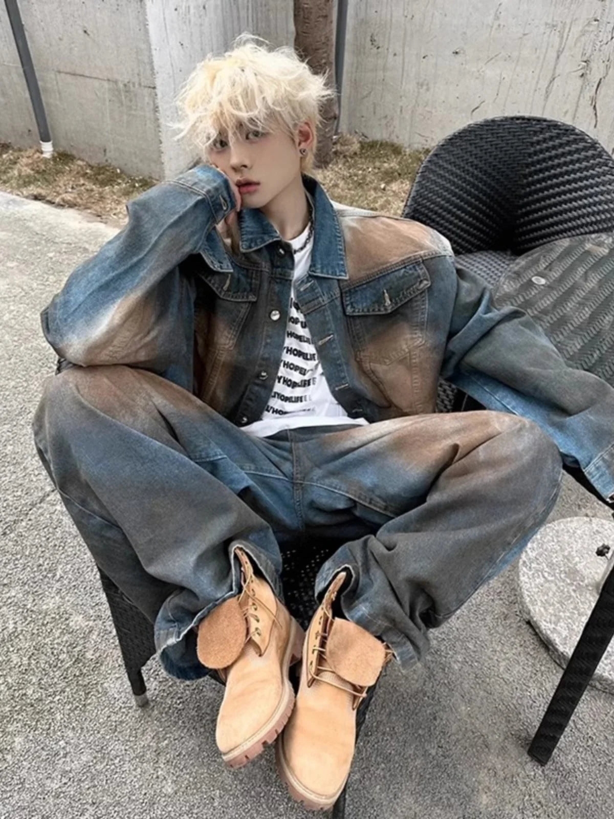 American Style Faded Denim Jacket And Pants Set Men's Trendy Vintage Washed Shoulder Padded Jeans Outerwear for Teens