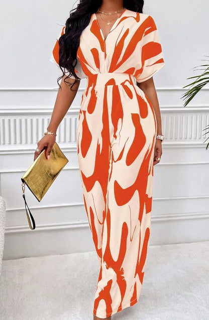 Women Wide Leg Jumpsuit Spring Summer Fashion V Neck Short Sleeve High Waist Full Body Printed Jumpsuits Casual One Pieces