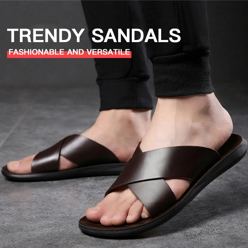2023 High Quality Cowhide Men's Summer New Leather Slippers Casual Soft Leather Soft Sole Anti Slip Men's Sandals