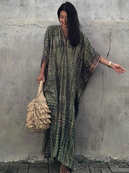 Bohemian Printed V-neck Batwing Sleeve Side Split Loose Dress For Women Clothes Plus Size Beachwear Maxi Dresses Q1218
