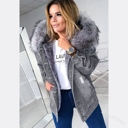 Autumn Women Fashion Denim Coats Retro Big Fur Collar Denim Jacket Temperament Hole Distressed Stitching Jackets Coat