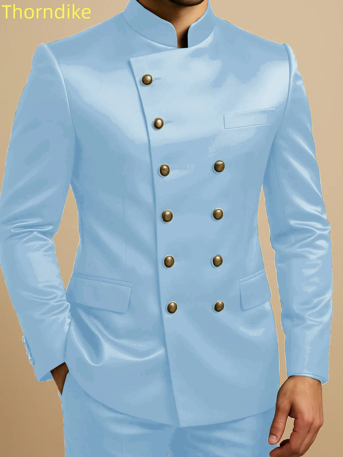 Thorndike Affrica Style Casual Stand Collar Satin Double Breasted Jacket Pants Business Men Suit Elegant Groom Wedding Suits