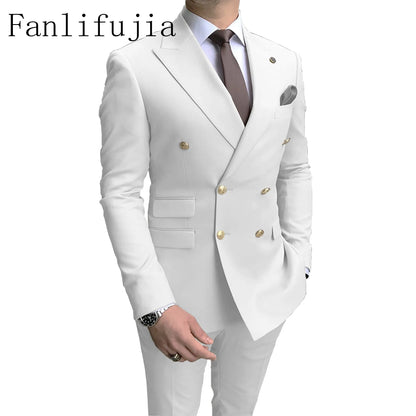 Fanlifujia Store  Casual Sky Blue Men Suits Double Brested Peak Lapel  Gold Button Groom Wedding Tuxedos Best Costume Homme