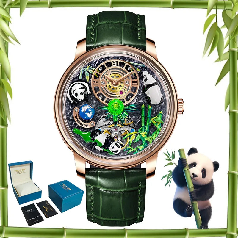 PINDU Dreidimensionale Panda-Zifferblatt-Uhren für Herren High-End Luxus Transparenter Hohlraum Vollautomatische mechanische Armbanduhr