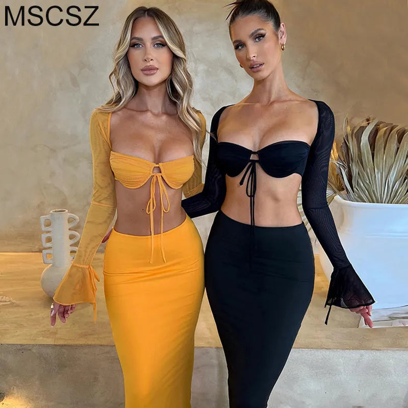 Elegant 2 Piece Sets Women Outfit 2023 Long Sleeve Top And Maxi Skirt Sets Party Festival Night Club Outfits Co ord Sets