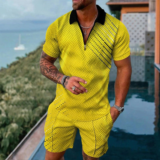 Men&#39;s Summer Tracksuit Fashion Turn Down Collar Zipper Polo Shirt+Shorts Sports Jogging Suit Casual Stylish Sweatersuit Set