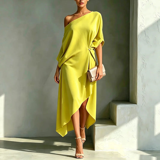 One-Shoulder-Midikleid Asymmetrischer Saum Taillenknoten 3/4-Arm Drapiertes Festliches Elegantes Cocktailkleid für Damen
