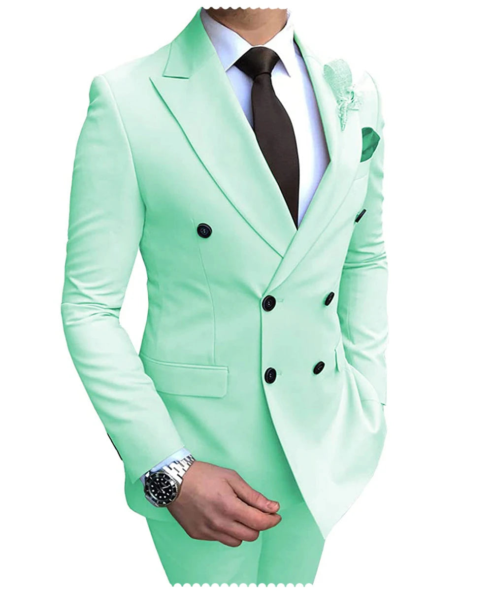 New Beige Men's Suit 2 Pieces Double Breasted Notch Lapel Flat Slim Fit Casual Tuxedos For Wedding(Blazer+Pants)