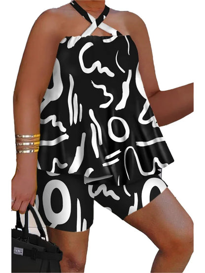 Wmstar Plus Size Two Piece Set Women Sleeveless Printed Short Sets Top Pants Sexy Suit Beach Summer Wholesale Dropshipping