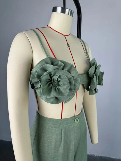 Joskaa Elegant 2 Piece Sets Women Sexy 3D Flower Crop Camisole and Straight Leg Pants Matching  Summer Vacation Streetwear