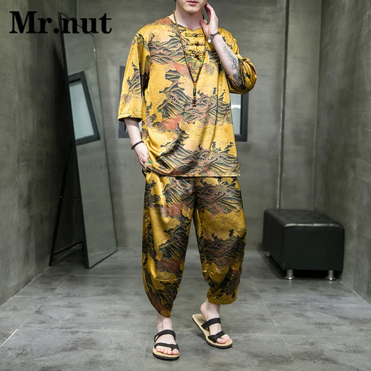 Mr.nut Summer Ice Silk Men's Tang Suit Two Piece Set T Shirt Harem Pants Clothing Women Stylish Vacation Cool Clothes Streetwear