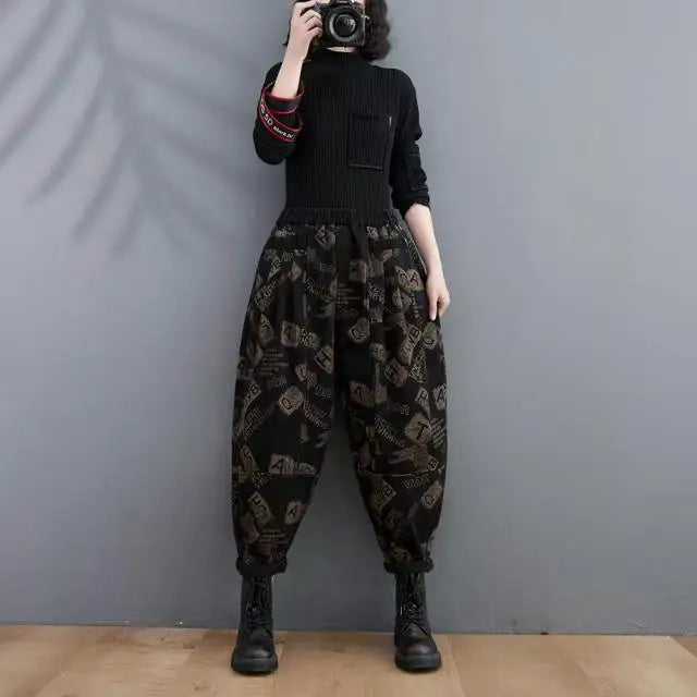 New Fashion Ladies Printed Floral Jeans Women Vintage Blue Denim Pants Female Street Style Oversized Bloomers Pantalons