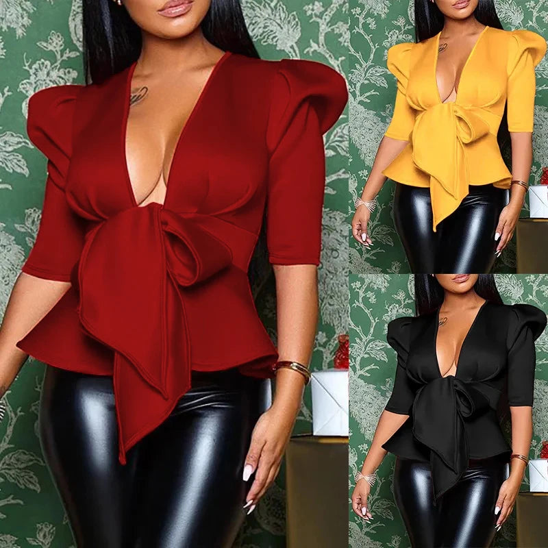 HOUZHOU Women Peplum Blouse Tops with Waist Belt Bowtie Half Sleeve Deep V Neck Sexy Party Clubwear Night Date Out Evening Bluas