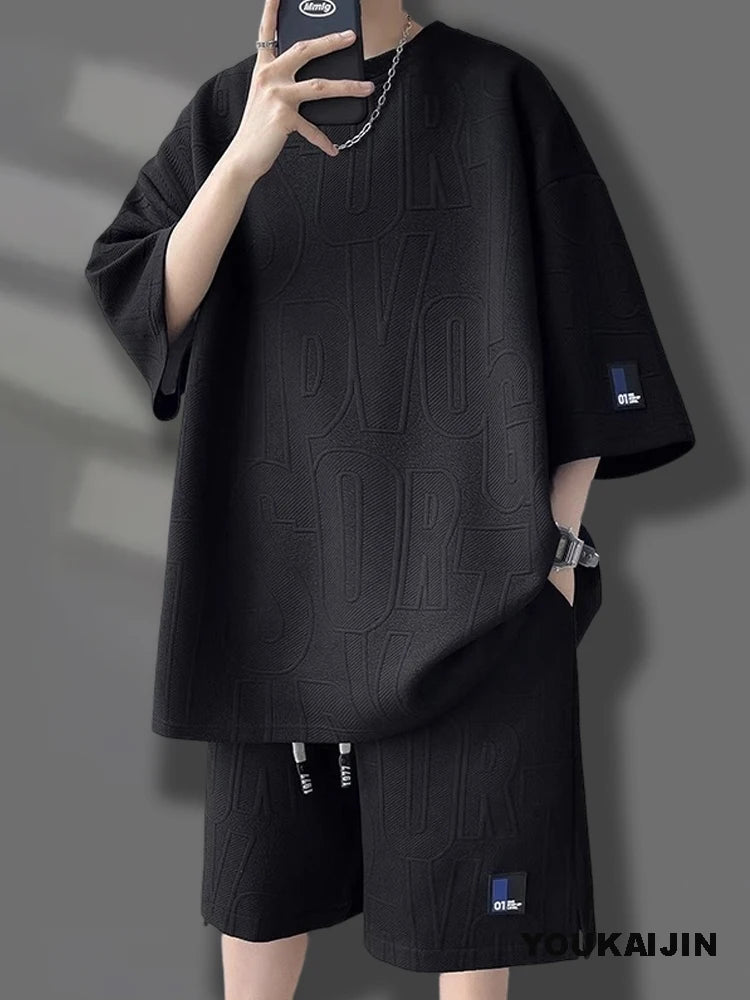 Men's Korean Summer Suit Korean Casual T-shirt + Shorts Suit Men's Tracksuit Solid Color Tracksuit Loose Suit Plus Size 5XL