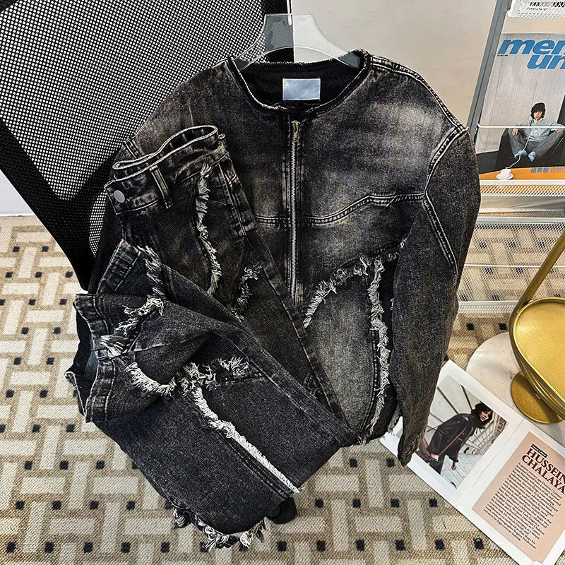 Men's Fringed Denim Set 2026 Spring New American Retro Washed Shoulder Padded Zipper Jacket Splicing Jeans Two Pieces Sets