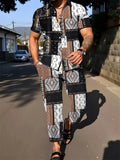 2025 Autumn Geometric Color Block Printed Short-sleeved Set, 2pcs Daily Casual And Loose Men's Shirt Set, Casual And Fashionable