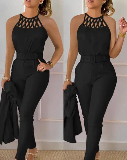 Two Piece Set Women Outfit  Summer Fashion Hollow Out Round Neck Sleeveless Tank Top & Casual Pocket Daily Pants Set